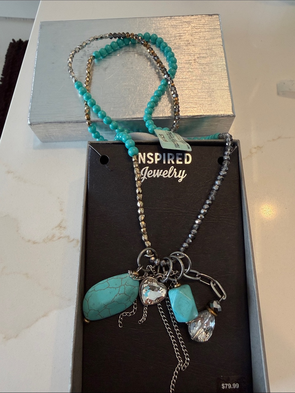 Inspire Turquoise and Clear Crystal Multi-Charm Necklace w box NWT